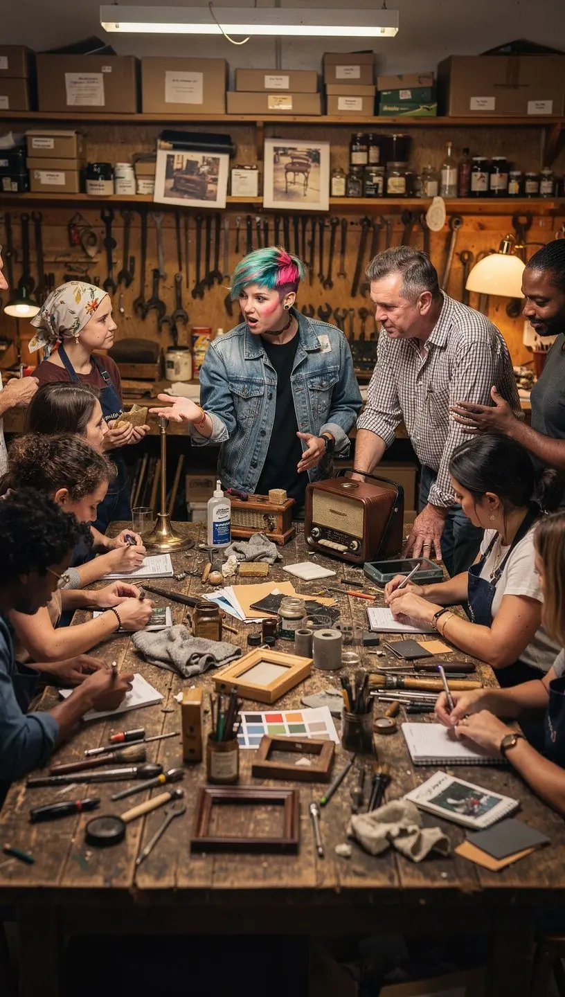 Preparing vintage items for resale in a workshop.